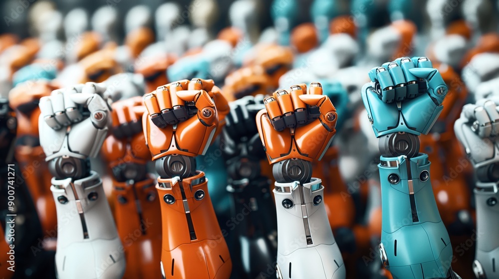 Close-up of robotic arms raised in a fist, symbolizing a robotic strike or protest. The arms are in various colors including orange, blue, and white. Close-up of robotic arms raised in a fist, symbolizing a robotic strike or protest. The arms are in various colors including orange, blue, and white.