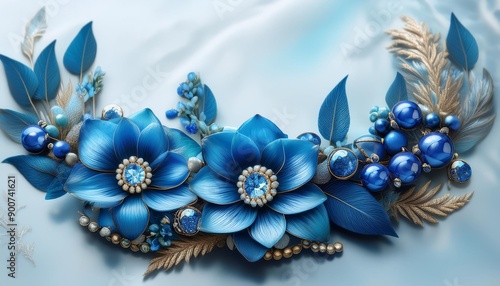 A beautiful blue flower arrangement with bracelets, leaves, and bouquet. Fragrant, sea-inspired colors. Botanical garden, fine art, painting. Wreath of flowers. 3D artwork

 photo