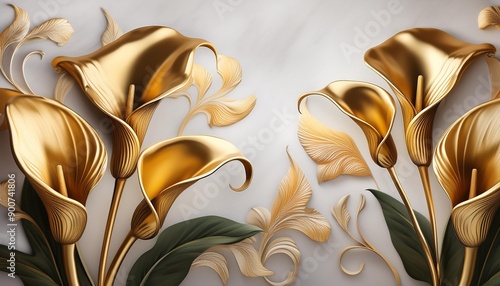 Golden Calla Lilies with Stucco Stems and Leaves: An elegant 3D floral background

