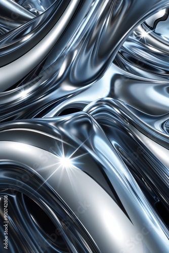 Wallpaper Mural 3D chrome metal organic fluid shapes and stars, liquid mercury icon with smooth, reflective surface Torontodigital.ca