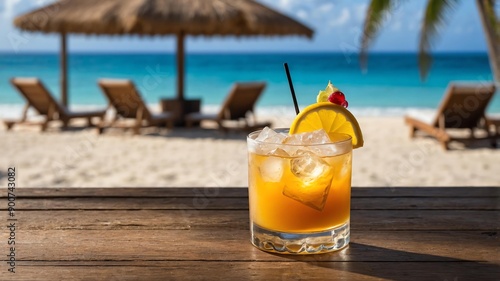 beach bars and resorts background with whisky sour cocktail drink