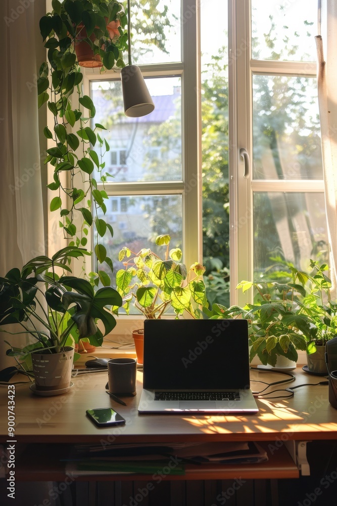 Home office workspace with a laptop numerous plants, perfect for a wide banner Home office workspace with a laptop numerous plants, perfect for a wide banner