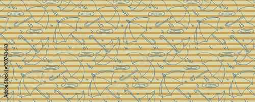 Autumn pattern with umbrellas and raindrops. Rain is knocking on puddles. Vector background for design