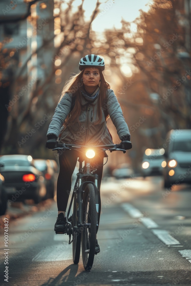 Obraz premium Woman cycling to work, perfect for wide banner
