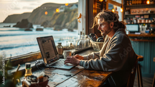 Digital nomad working remotely on laptop at cozy home office by British beach during sunset, serene remote work concept, young man with long hair and casual attire focused indoors with coastal view photo