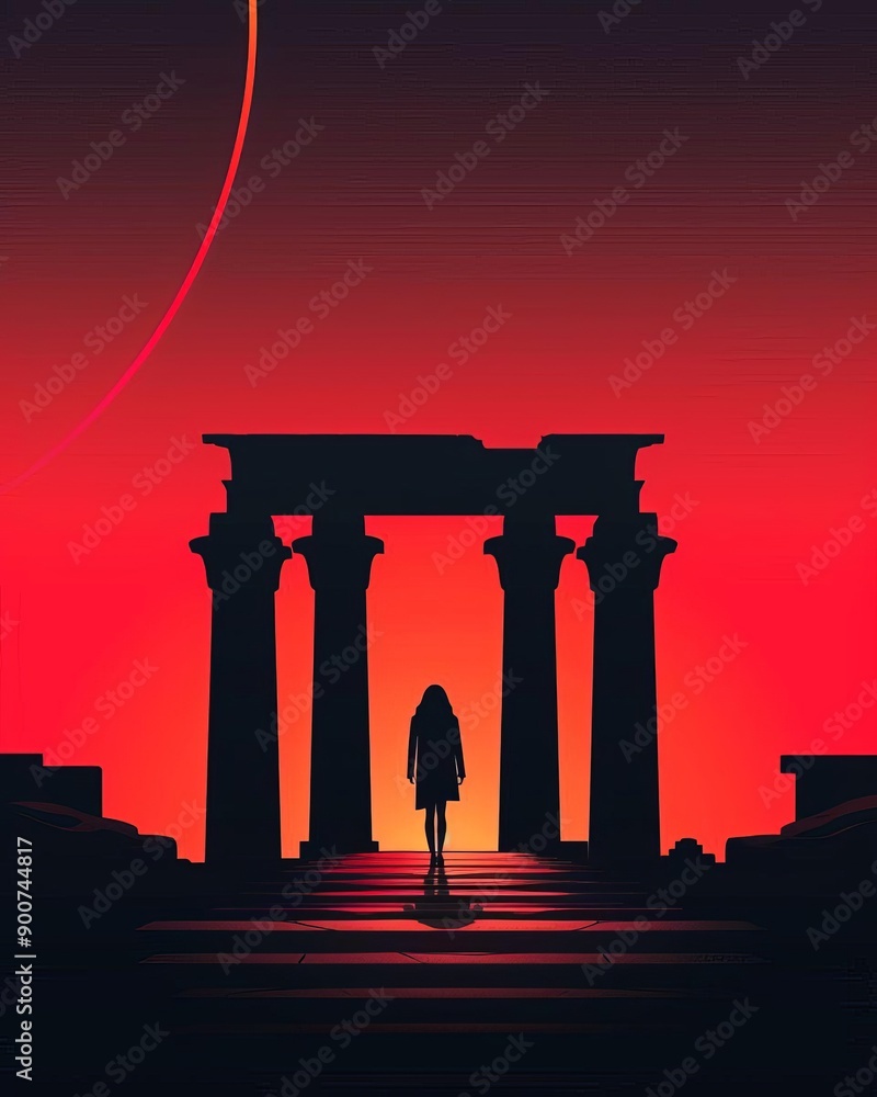 Fototapeta premium A Journey Through Time A Figure Gazes Upon Majestic Ancient Temple Celebrating Historical Architecture in Stunning Illustration