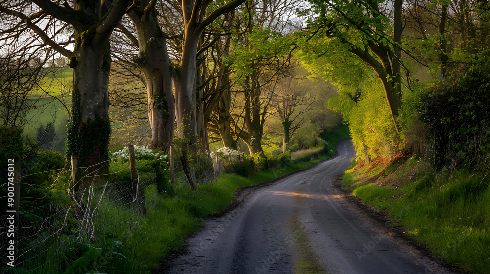 Beautiful countryside road lined with blooming spring flowers, captured in a raw, artistic style. Beautiful countryside road lined with blooming spring flowers, captured in a raw, artistic style.