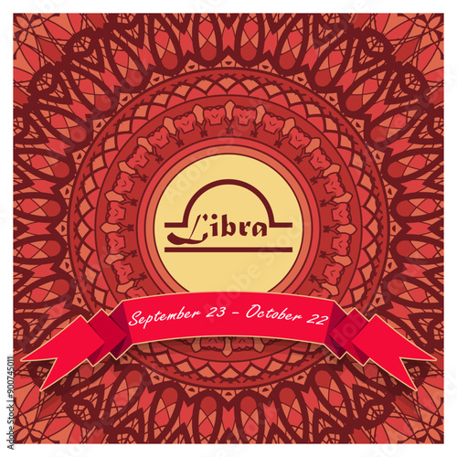 Libra horoscope sign in an openwork decorative frame with a ribbon and an inscription. Emblem, poster, decorative panel. Vector illustration