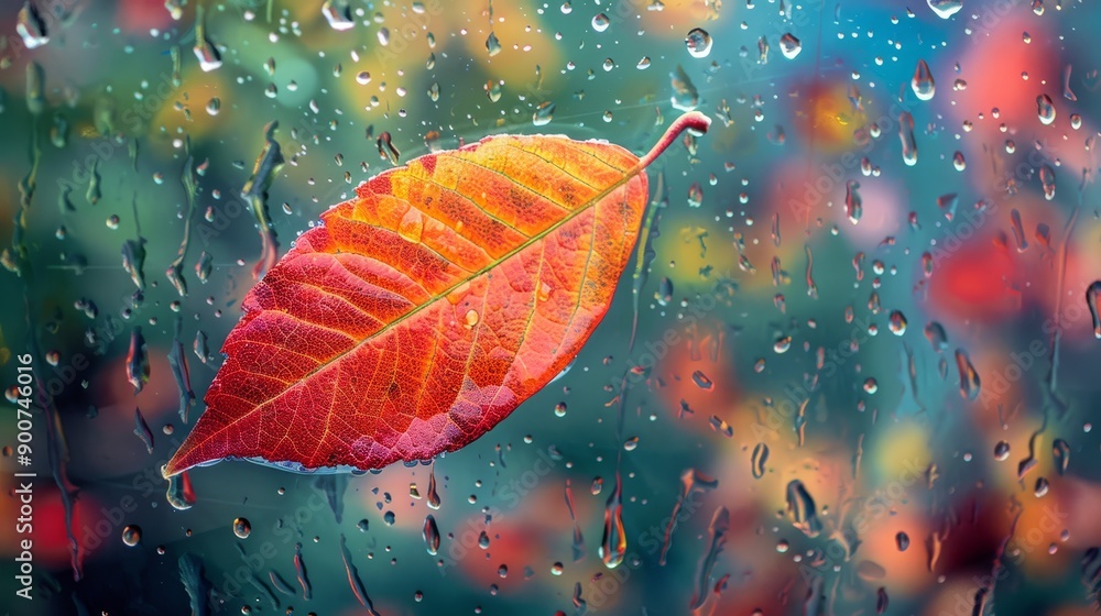 Autumn leaf with water droplets on glass Autumn leaf with water droplets on glass