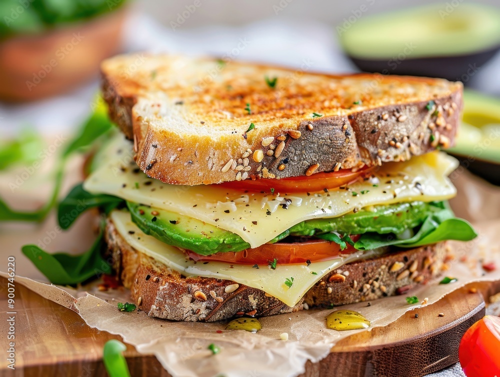 Delicious toasted sandwich with avocado and cheese. AI generated Delicious toasted sandwich with avocado and cheese. AI generated
