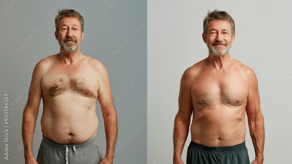 Before and after shots of a middle-aged man showing weight loss and improved physique. The left image shows him with a larger belly, while the right image shows a more toned body. Before and after shots of a middle-aged man showing weight loss and improved physique. The left image shows him with a larger belly, while the right image shows a more toned body.