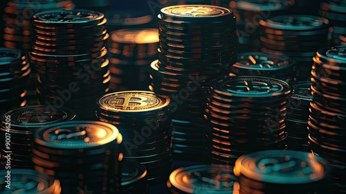 Stacks of BiCoins on a Dark Background

 photo