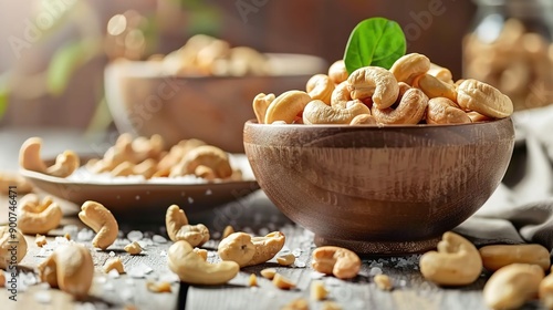 A bowl of salted cashews sits on the table