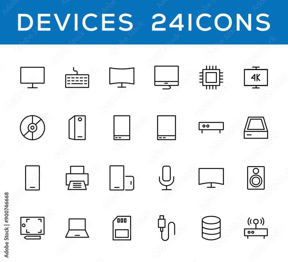 Device and technology line icon set. Electronic devices and gadgets, computer, equipment and electronics. Computer monitor, smartphone, tablet and laptop simple icon collections Device and technology line icon set. Electronic devices and gadgets, computer, equipment and electronics. Computer monitor, smartphone, tablet and laptop simple icon collections
