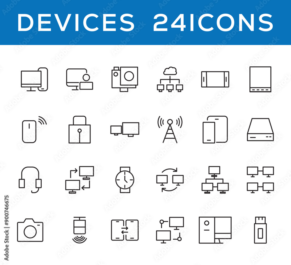 Device and technology line icon set. Electronic devices and gadgets, computer, equipment and electronics. Computer monitor, smartphone, tablet and laptop simple icon collections Device and technology line icon set. Electronic devices and gadgets, computer, equipment and electronics. Computer monitor, smartphone, tablet and laptop simple icon collections