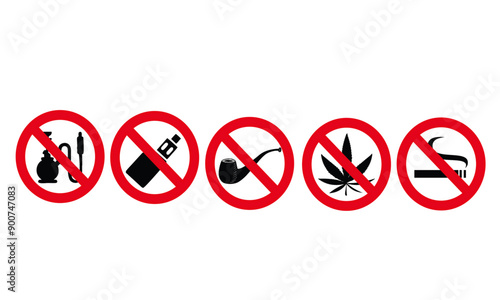 Set of no e-cigarette and cigarette smoking signs in the prohibition circle