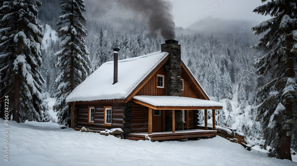 Cozy Cabin Surrounded By Snowy Forest With Smoke Rising From Chimney Cozy Cabin Surrounded By Snowy Forest With Smoke Rising From Chimney