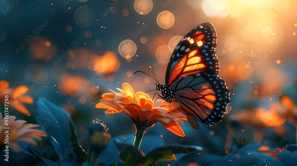 Butterfly on vibrant flower, golden hour glow, mist on leaves, tech-nature fusion Butterfly on vibrant flower, golden hour glow, mist on leaves, tech-nature fusion