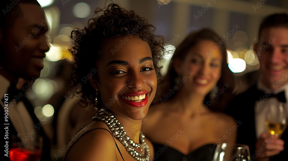 A stylish woman smiles confidently at a glamorous party, surrounded by elegant friends, creating a vibrant atmosphere of celebration and joy. A stylish woman smiles confidently at a glamorous party, surrounded by elegant friends, creating a vibrant atmosphere of celebration and joy.