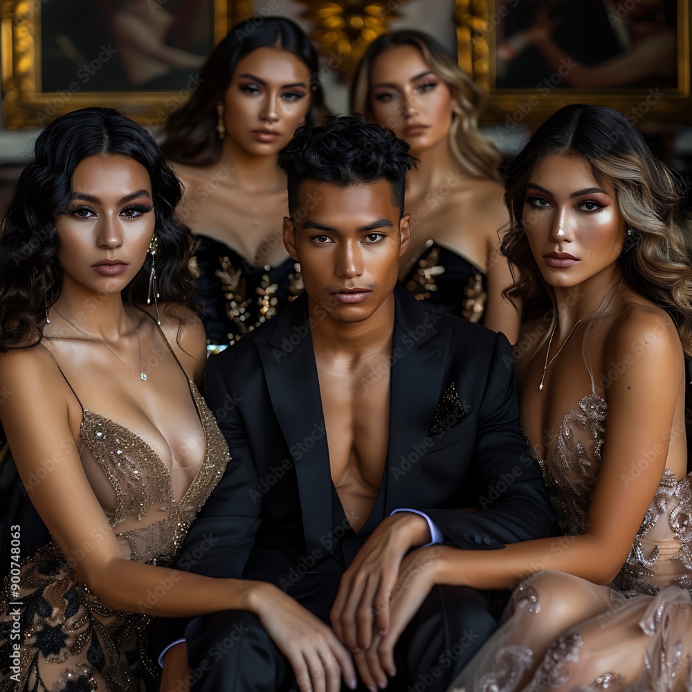 Obraz premium A glamorous group of five stylishly dressed individuals poses together in an elegant indoor setting, showcasing fashion and sophistication.Old money aesthetic. 