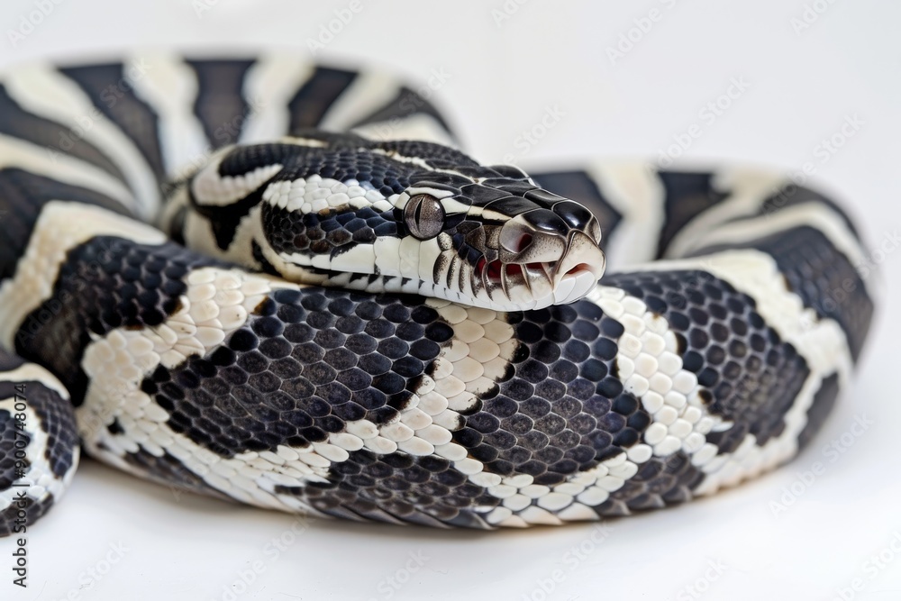 Striking close-up of a ball python, vivid and detailed reptile portrait, sharp focus, colorful skin pattern, bright and clear light, isolated white background, fascinating exotic pet. Striking close-up of a ball python, vivid and detailed reptile portrait, sharp focus, colorful skin pattern, bright and clear light, isolated white background, fascinating exotic pet.