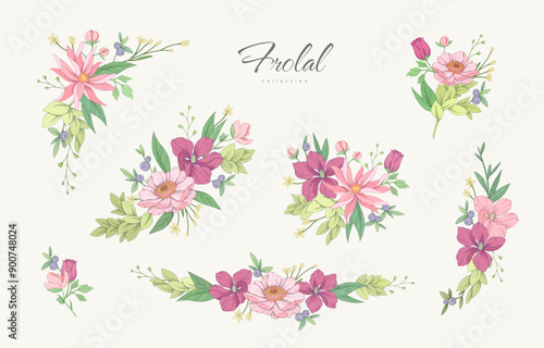 Set of colorful various flowers and foliage in boutonniere or bouquet, intricate details and delicate forms. Hand drawn vector decoration for wedding invitation, save the date card