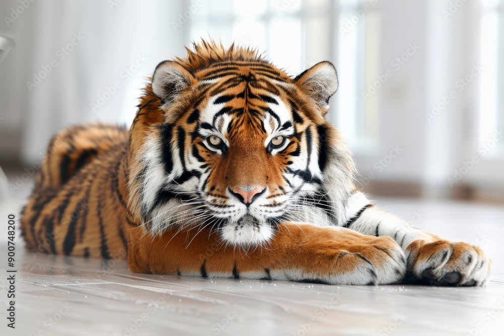 Obraz premium Majestic tiger lounging with intense gaze, powerful and serene expression, detailed fur texture, bright and clear light, natural indoor background, impressive and magnificent animal.