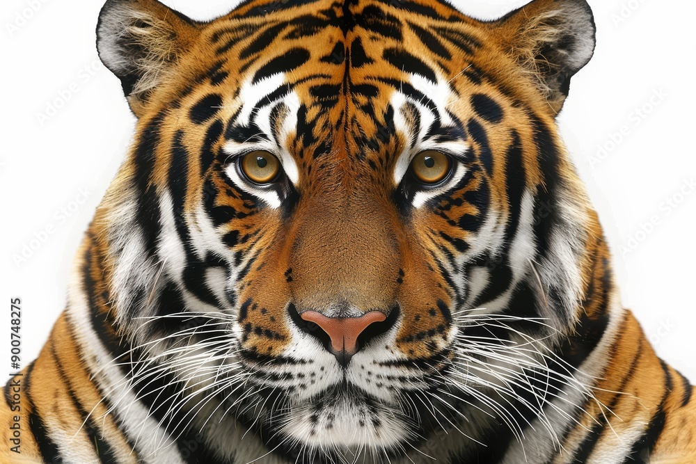 Fierce tiger with intense gaze, powerful and majestic predator portrait, detailed fur texture, bright and clear light, isolated white background, impressive and wild animal. Fierce tiger with intense gaze, powerful and majestic predator portrait, detailed fur texture, bright and clear light, isolated white background, impressive and wild animal.
