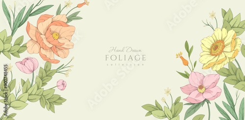 Retro colorful floral art with detailed various flowers and foliage, intricate details and delicate forms. Elegant botanical background or invitation card. Hand drawn vector illustration