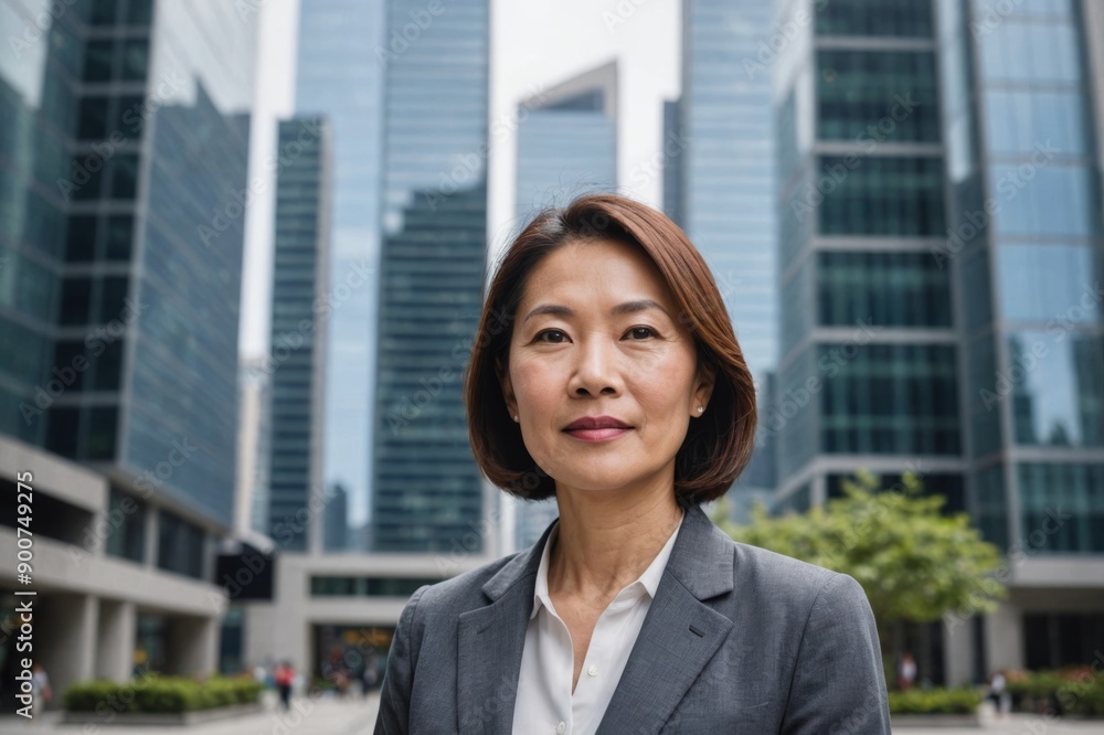 Portrait A professional mature asian business woman standing against a modern skyscraper entrance Portrait A professional mature asian business woman standing against a modern skyscraper entrance