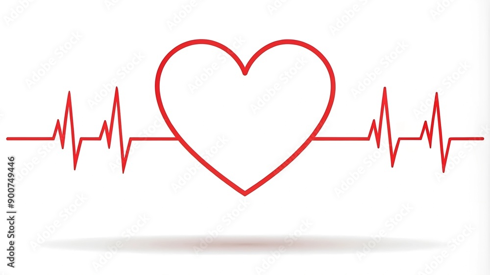 Graphical representation of a red heart outline with electrocardiogram line, heartbeat rhythm on a white background with space for text. For medical infographics, clinics Graphical representation of a red heart outline with electrocardiogram line, heartbeat rhythm on a white background with space for text. For medical infographics, clinics