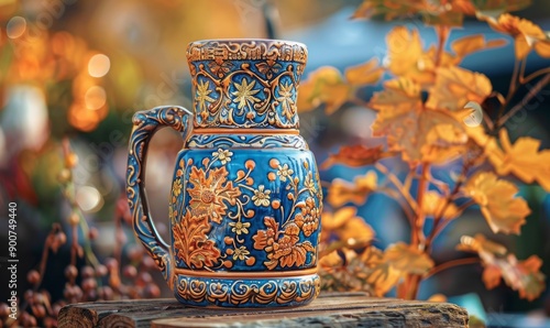 A hand-crafted beer stein with intricate designs at the Oktoberfest festival. photo