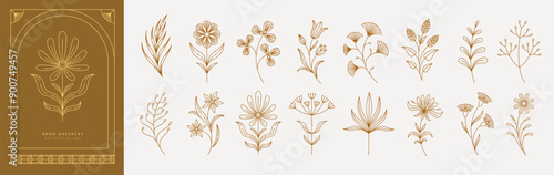 Set of boho simple geometric branch and flowers. Botanic design elements in wavy and vintage style. Leaves and branches print for logo, social media or packaging and greeting card. Vector illustration
