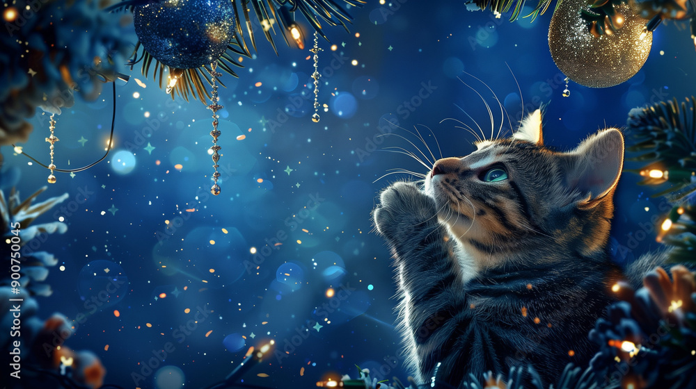 Christmas backdrop with kitten playing a ball Christmas backdrop with kitten playing a ball