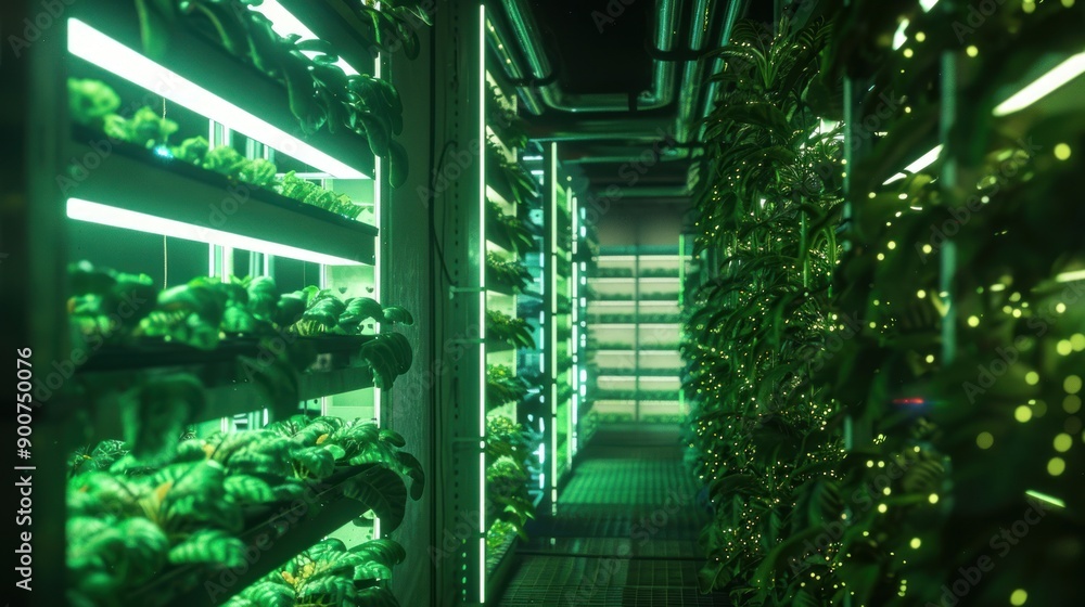 A futuristic, green-lit, vertical farm with lush plants growing under artificial light A futuristic, green-lit, vertical farm with lush plants growing under artificial light