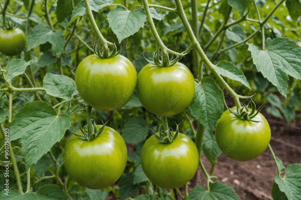 Three unripe tomatoes still on the vines Three unripe tomatoes still on the vines