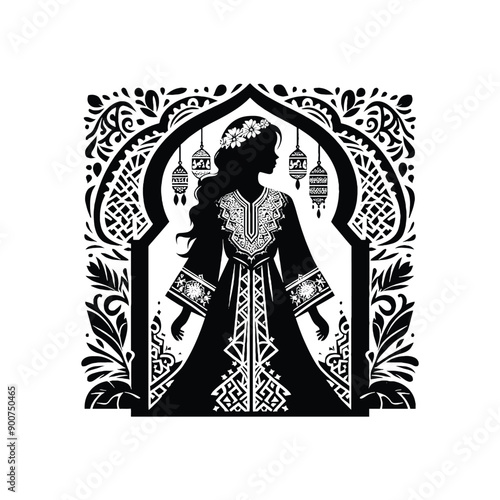 woman wear traditional fashion Moroccan djellaba in rich fabrics