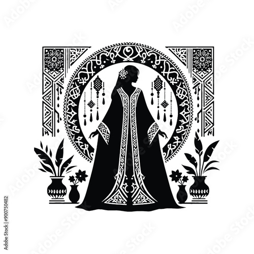 woman wear traditional fashion Moroccan djellaba in rich fabrics