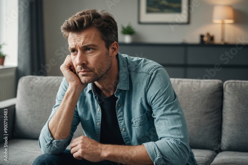 portrait of Worried thoughtful man sitting on sofa