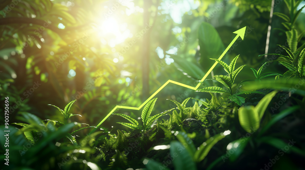 Fototapeta premium A green graph rising among trees and plants illustrating eco progress and oxygen production