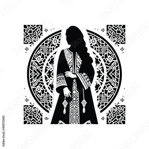 woman wear traditional fashion Moroccan djellaba in rich fabrics