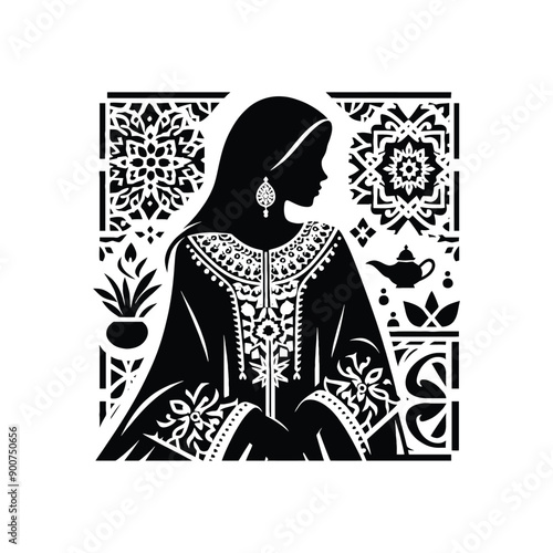 woman wear traditional fashion Moroccan djellaba in rich fabrics