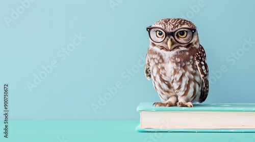 Wallpaper Mural cute small real owl wearing glasses on top of a blank pastel blue book on a pastel blue background for back to school Torontodigital.ca