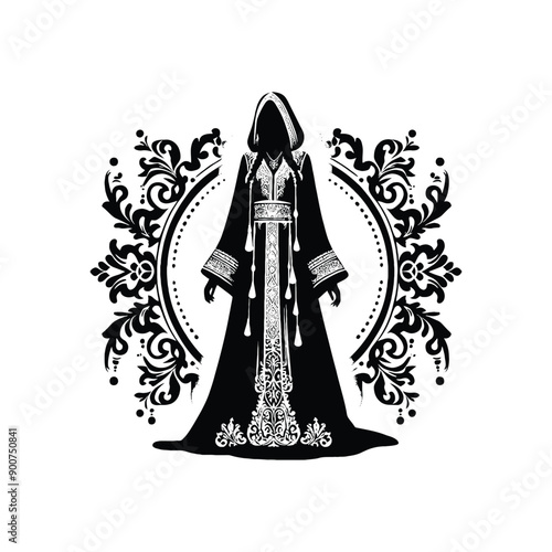 woman wear traditional fashion Moroccan djellaba in rich fabrics