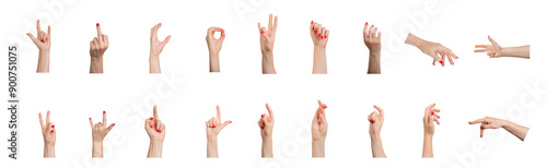 Foto Hands showing different gestures, signs with fingers, red nails isolated on white background