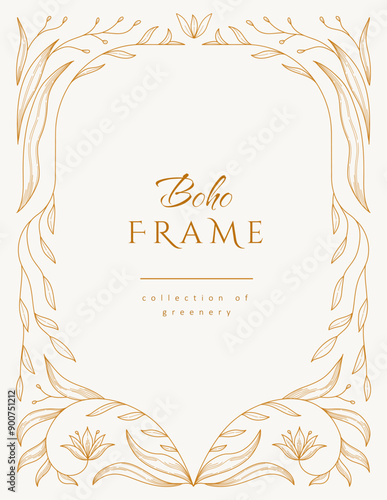 Retro floral frame or cover. Botanic design elements in wavy and naive style. Boho leaves branches and blooming print for poster, social media and packaging or greeting card. Vector illustration