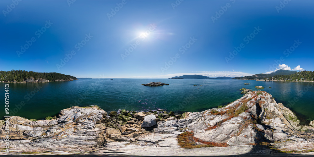 Naklejka premium 360 VR Panorama. Rocky Shore on West Coast of Pacific Ocean. Sunny Summer Day.