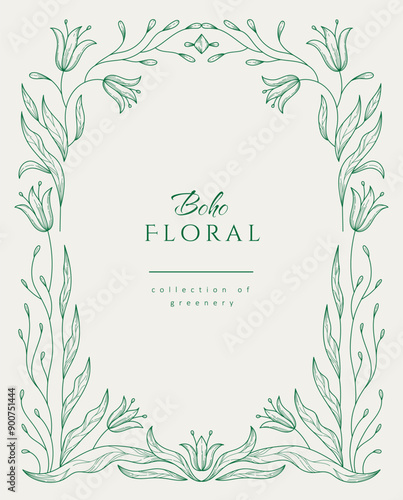 Retro floral frame or cover. Botanic design elements in wavy and naive style. Boho leaves branches and blooming print for poster, social media and packaging or greeting card. Vector illustration