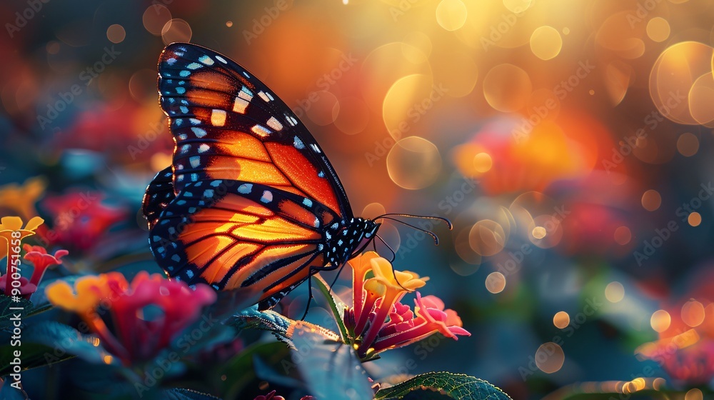 Golden hour butterfly on a colorful flower, mist on leaves, symbolizing tech and nature's unity Golden hour butterfly on a colorful flower, mist on leaves, symbolizing tech and nature's unity