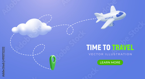 Time to travel conceptual banner template with 3d realistic white plane, flying in clouds, route and location pin on blue  background, place for text. Cartoon minimal style. Vector illustration